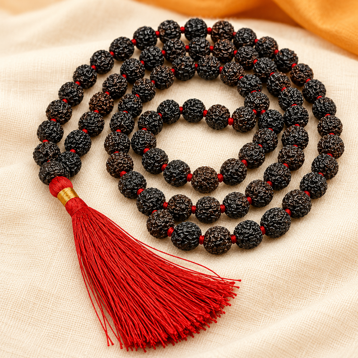 Black Rudraksha mala with red tassel — edited product visual
