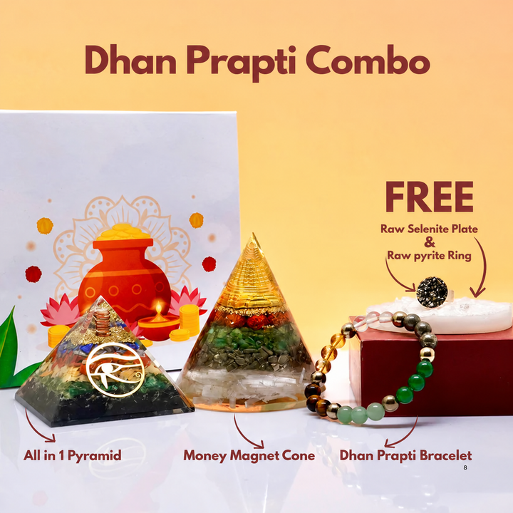 Dhan Prapti 5-piece set with pyramid, cone, bracelet, selenite plate and pyrite ring