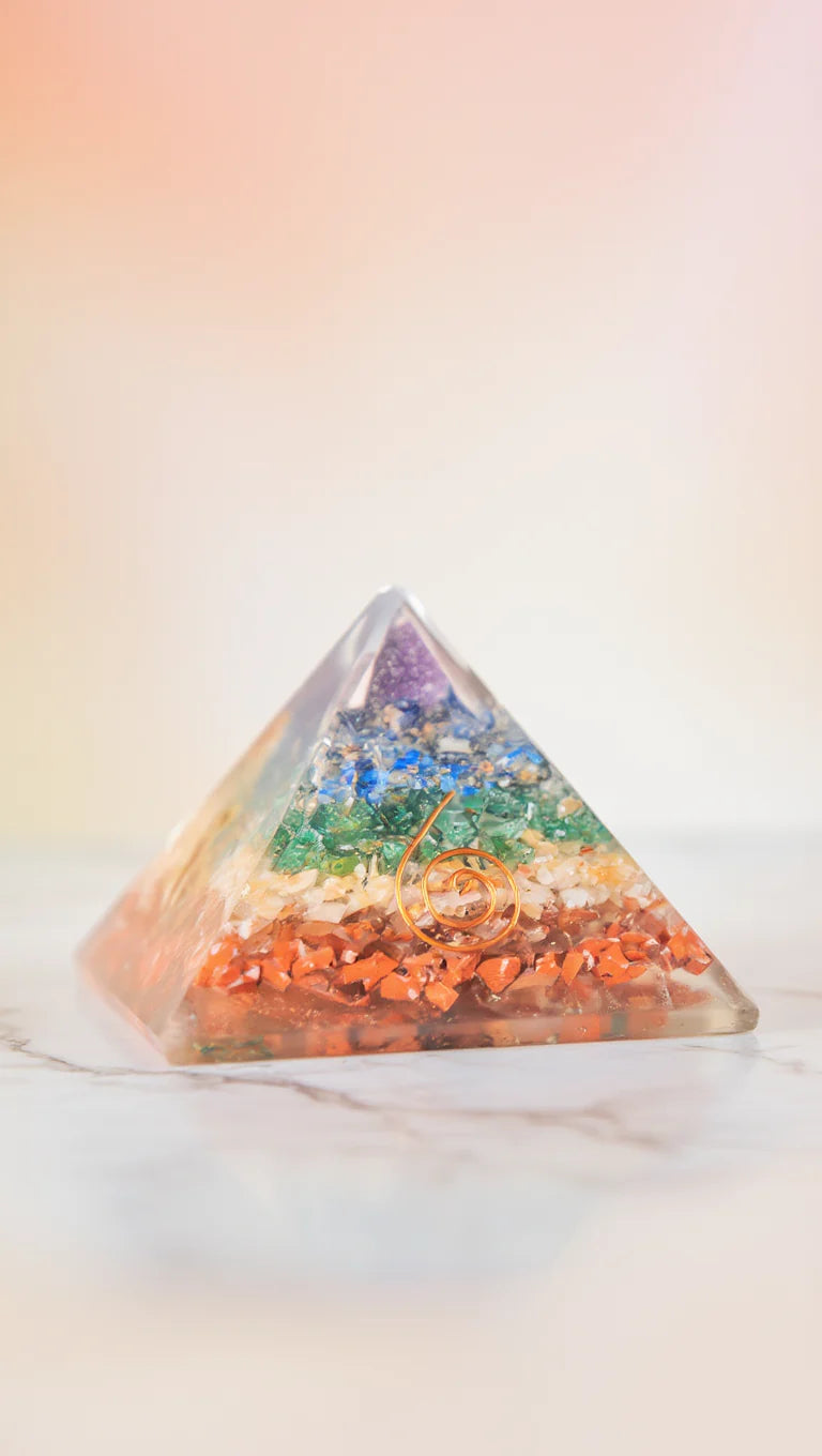 Crystal pyramid with copper spiral