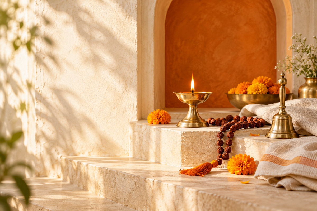Brass diya and rudraksha beads in a sunlit saffron alcove
